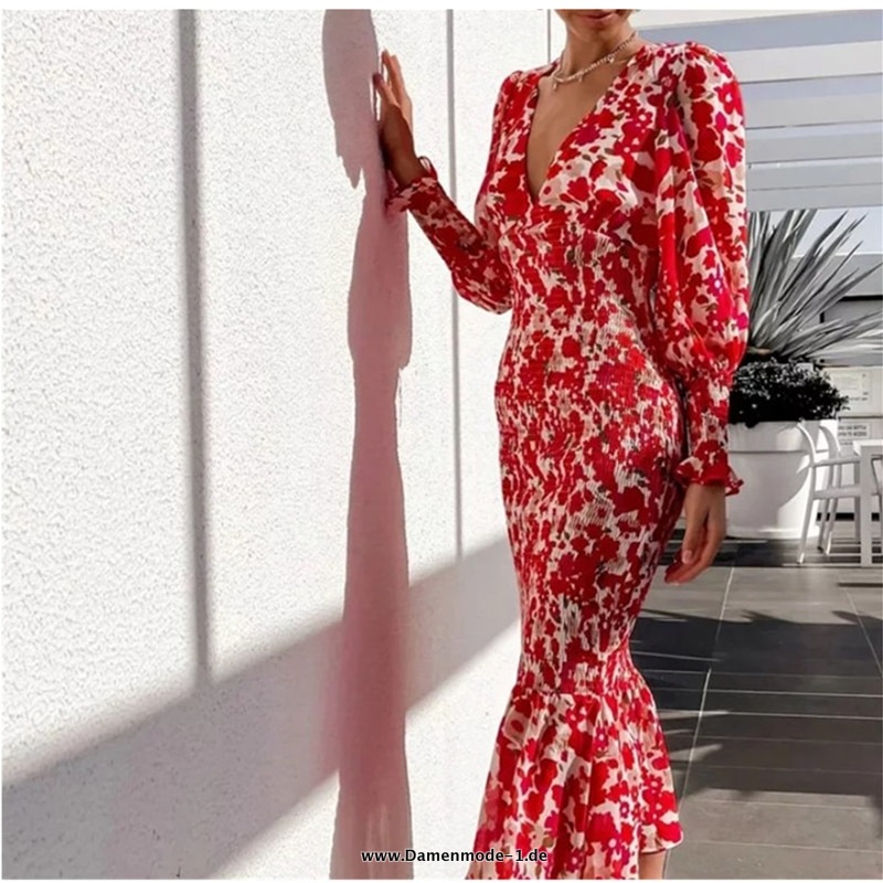 Spanisches Sommer Kleid 2023 Blumen Print mit V-Ausschnitt