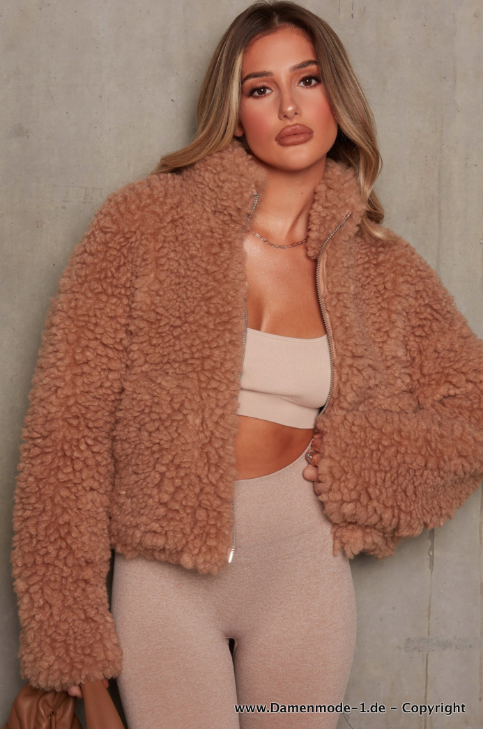 Kurze Plüsch Teddy Jacke Warm in Braun