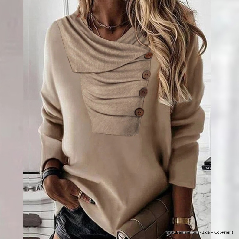 Damen Langarm Pullover mit Knöpfe Elegant Beige