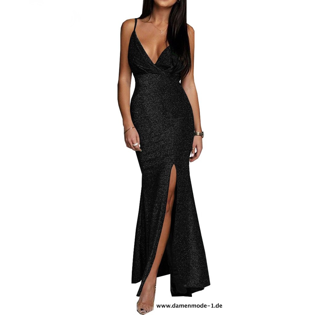 Top Spaghettiträger V-Ausschnitt Bodycon Midi Maxi Kleid in Schwarz