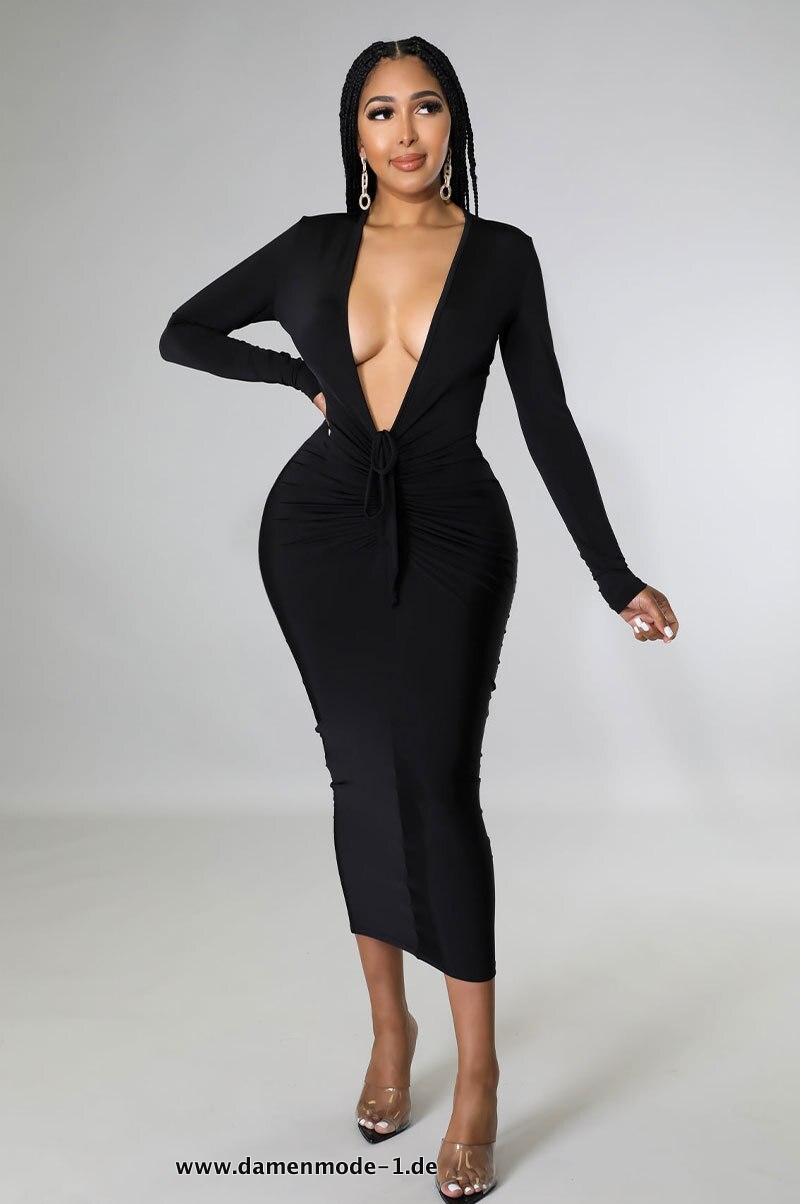 Damen Bodycon Kleid 2023 mit V-Ausschnitt und Geraffter Hohen Taille in Schwarz