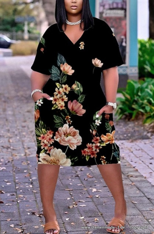 A Linie Plus Size Sommerkleid Schwarz mit Ärmel und Blumen Wadenlang Elegant