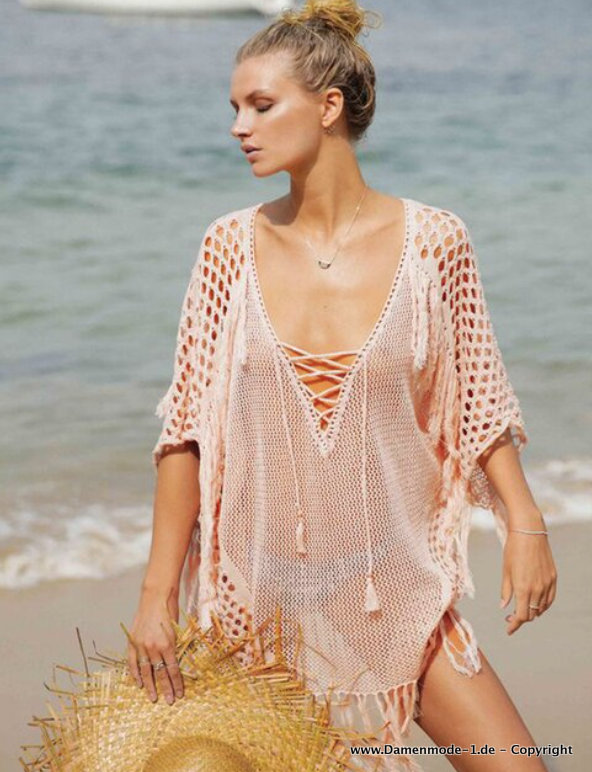 Cover Up Sommer Tunika Strandkleid 2023 Gestrickt in Aprikosen Asymmetrisch