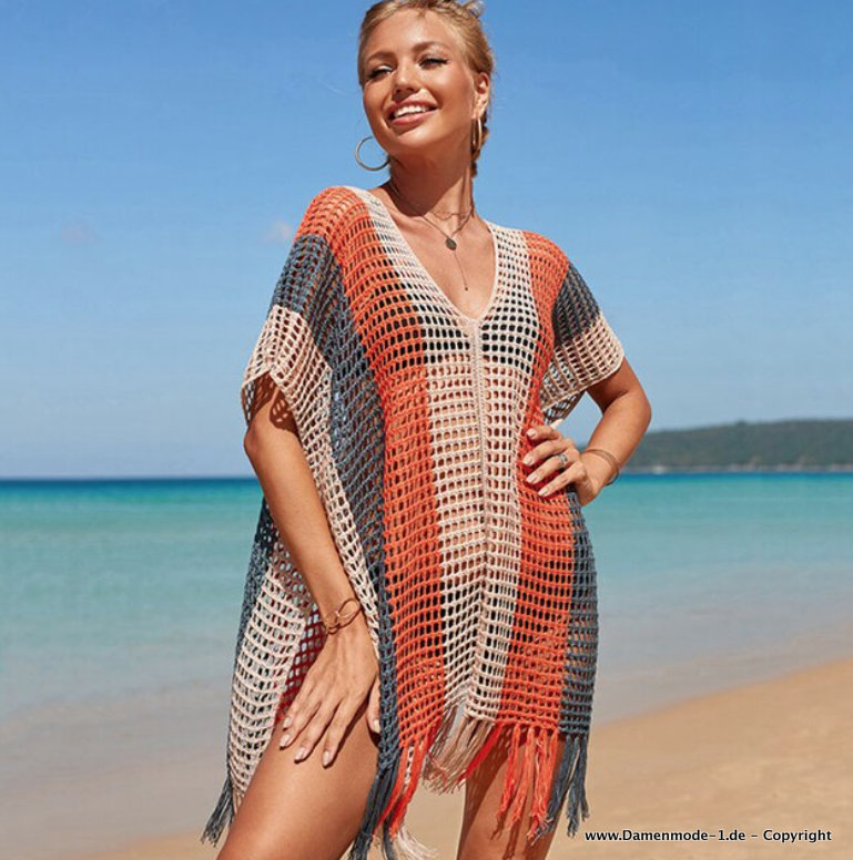 Cover Up Sommer Tunika Strandkleid Gestrickt Gestreift Bunt