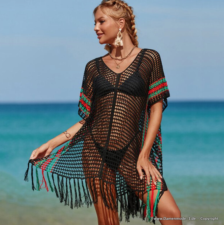 Boho Cover Up Sommer Tunika Strandkleid Gestrickt in Schwarz mit Muster