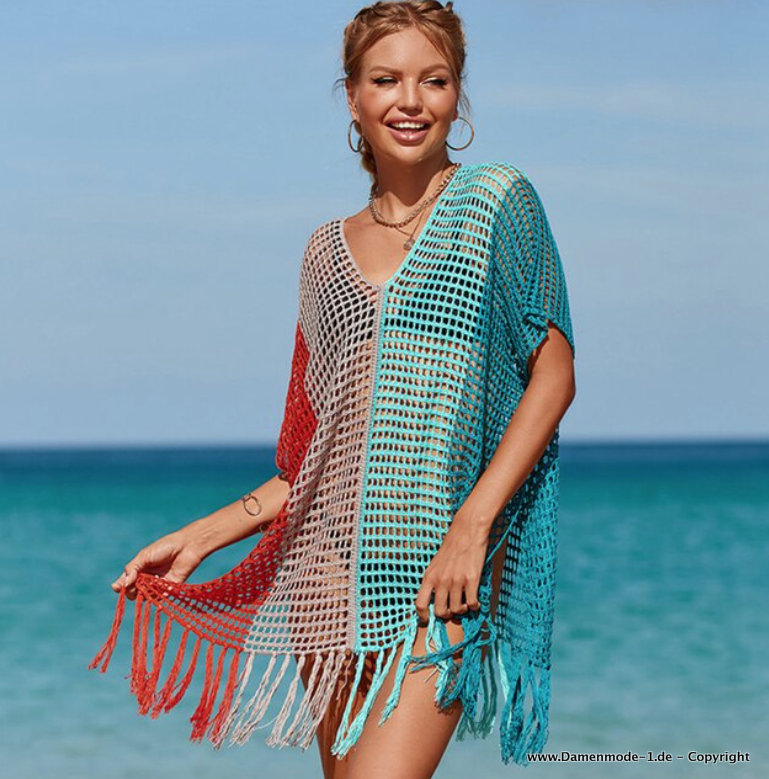 Cover Up Sommer Tunika Strandkleid Gestrickt in Blau Rot Beige