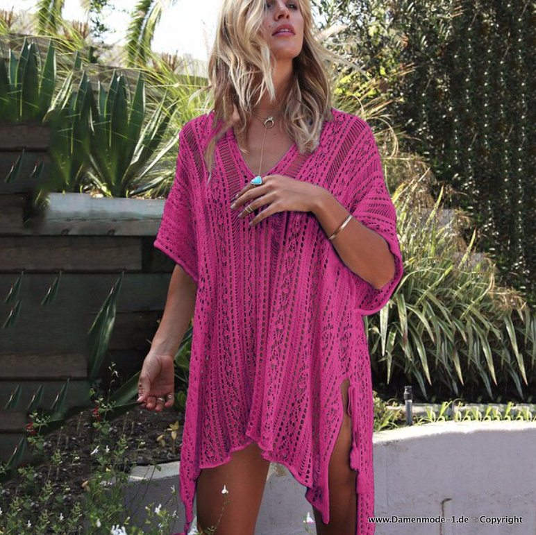 Cover Up Sommer Tunika Strandkleid Gestrickt in Pink