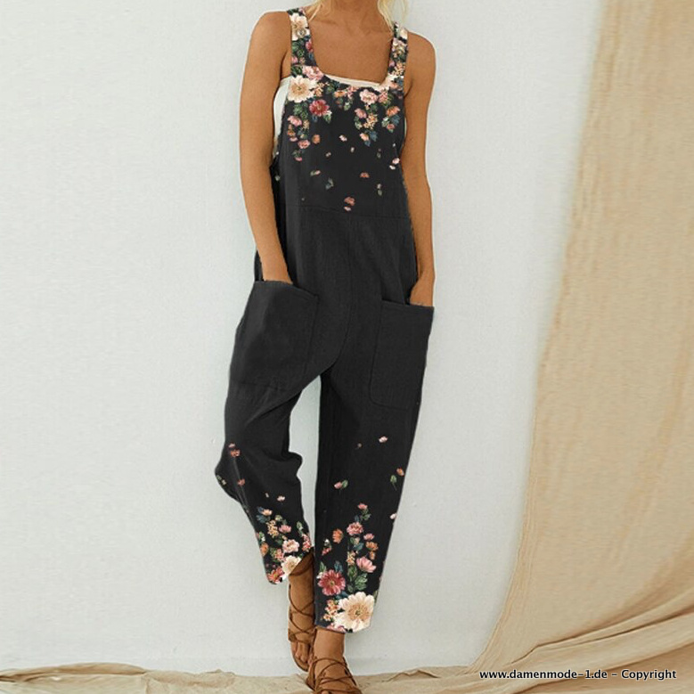 Sommer Overall Einteiler Latzhose in Schwarz mit Blumenmuster