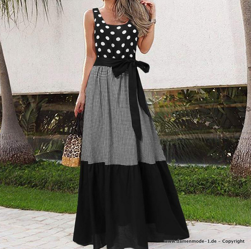 Patchwork Maxi Sommerkleid in Schwarz mit Schleife