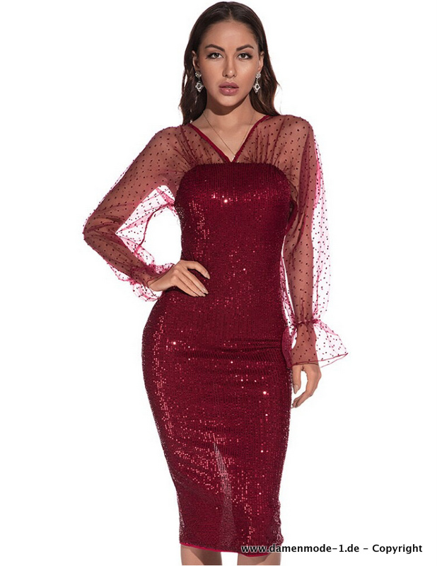 Glitzer Bodycon Langarm Kleid in Rot Knielang