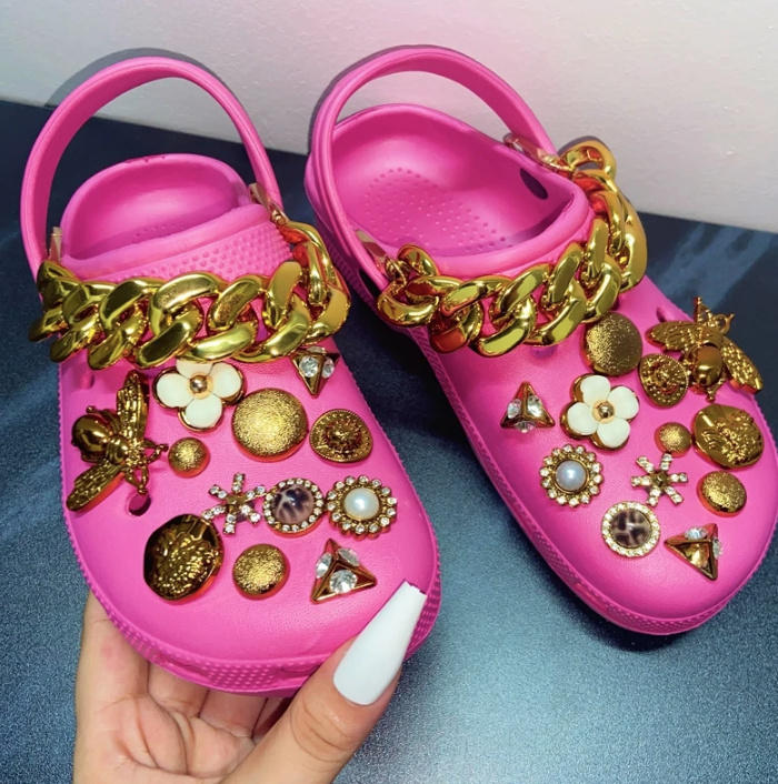 Sommer Outdoor Clogs mit Strass Schmuck in Pink Gold