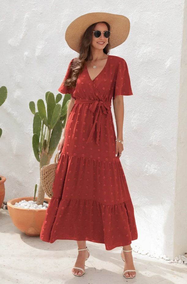 A Linie Kurzarm Sommerkleid Nele Lang in Rot