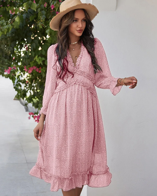 Boho Style Sommerkleid Noelani mit Rüschen Wadenlang in Rosa