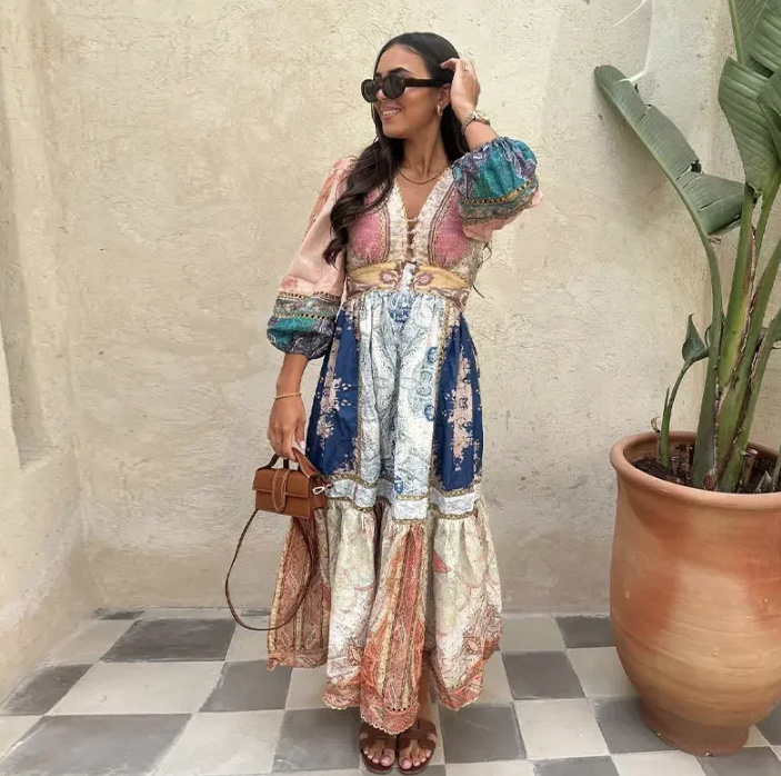 Langarm Boho Sommerkleid Aaliyah Bunt Knöchellang