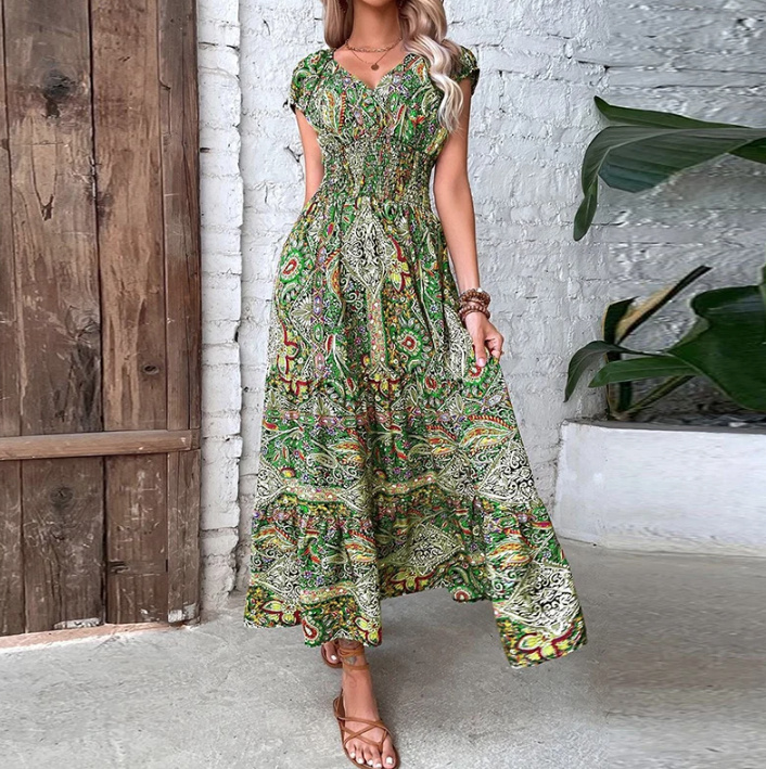 Vintage Print Maxi Sommerkleid Aniela Knöchellang mit Ärmel