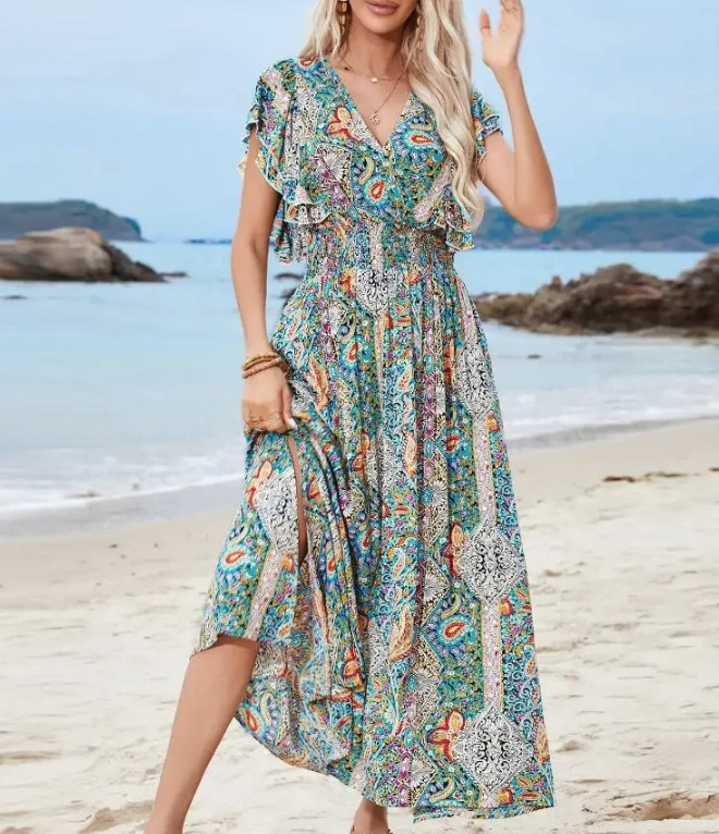 Chiffon Sommerkleid Anni mit Flare Ärmel und V Ausschnitt