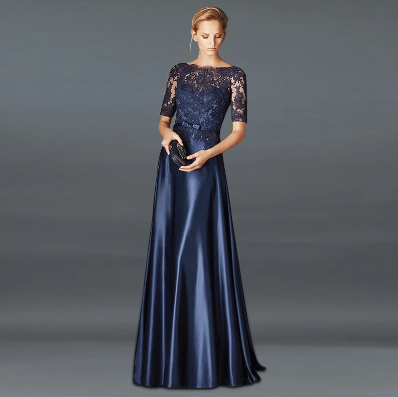  A Linie Satin Abendkleid Bodenlang in Navyblau mit Tattoo Spitze