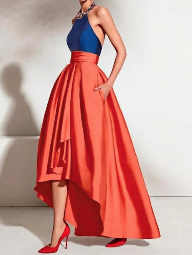 Neckholder Träger Satin Abendkleid Vorne Kurz Hinten Lang in Blau Orange