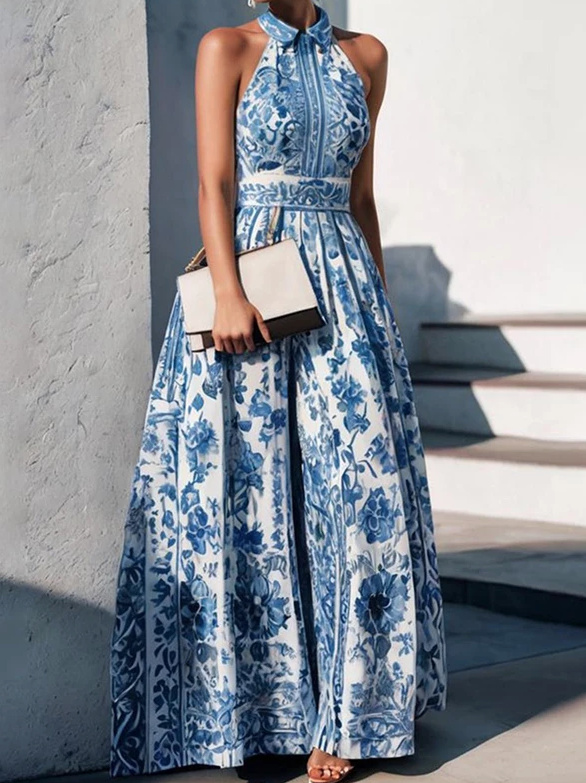 Ärmelloses Boho Maxi Sommerkleid Elegant in Blau Weiß