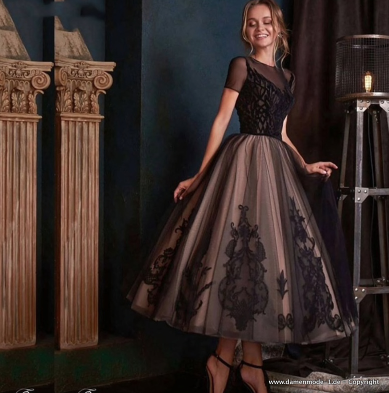 Wadenlanges A Linie Abendkleid in Bronze Schwarz mit Spitzen Applikationen