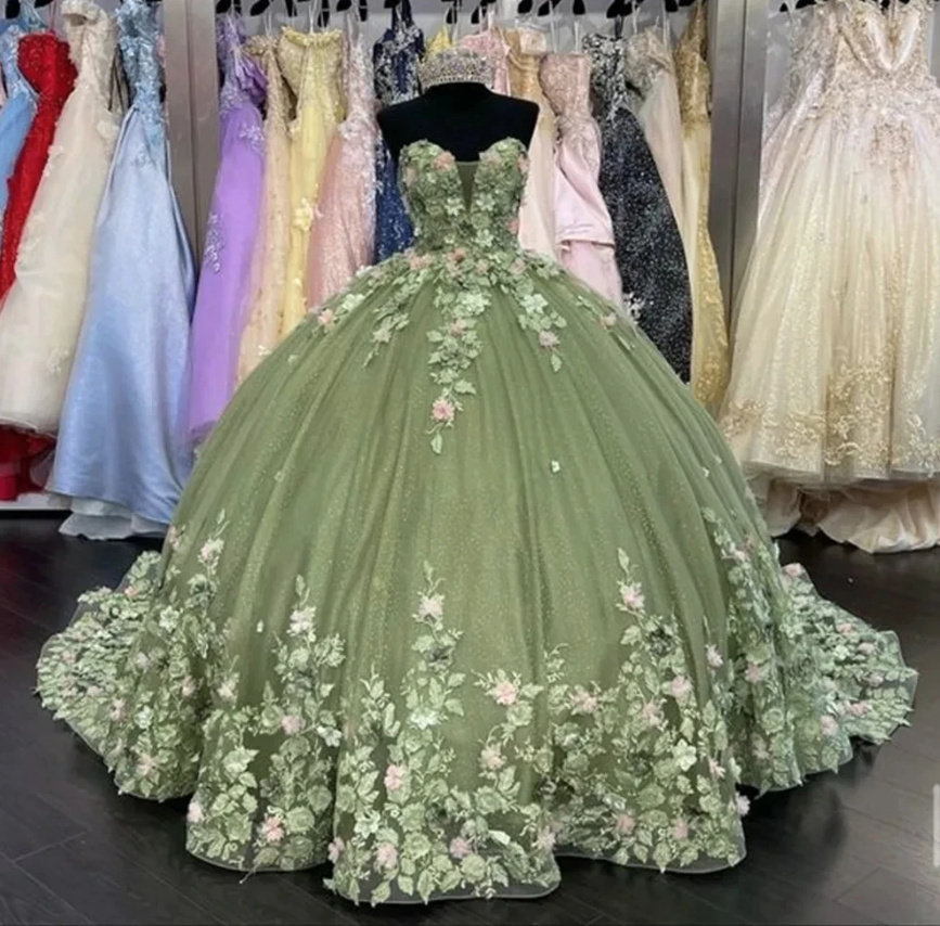  A Linie Abendkleid Ballkleid mit Herz Ausschnitt und Blumen in Grün