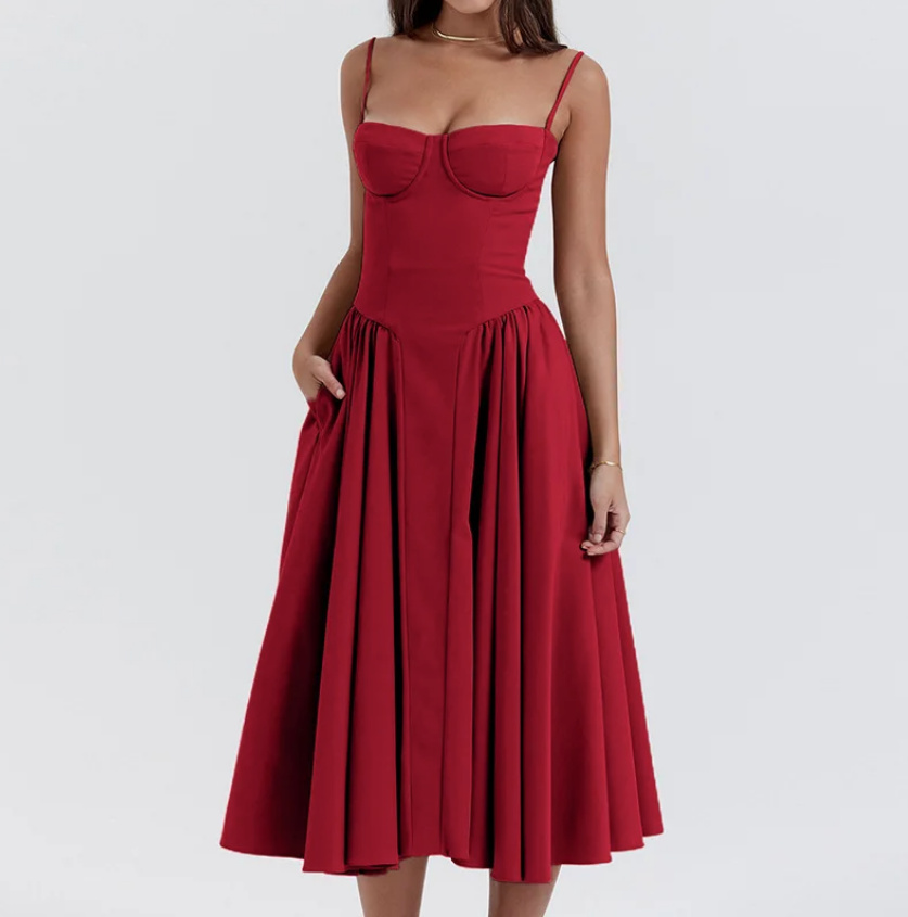 Spaghettiträger Vintage Sommerkleid Wadenlang in Rot