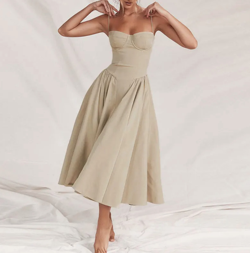 Spaghettiträger Vintage Sommerkleid Wadenlang in Beige