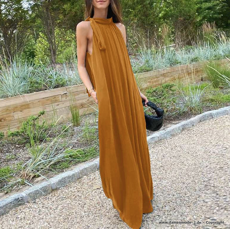 Ocker Chiffon Sommerkleid Lang Ärmellos