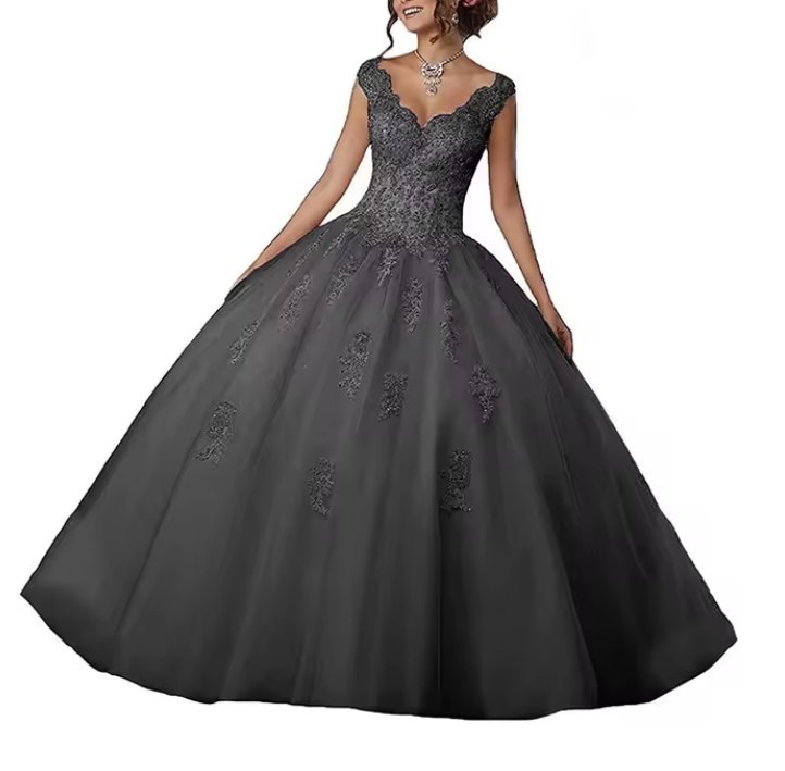  A Linie Abendkleid Ballkleid Ariel mit V Ausschnitt in Schwarz