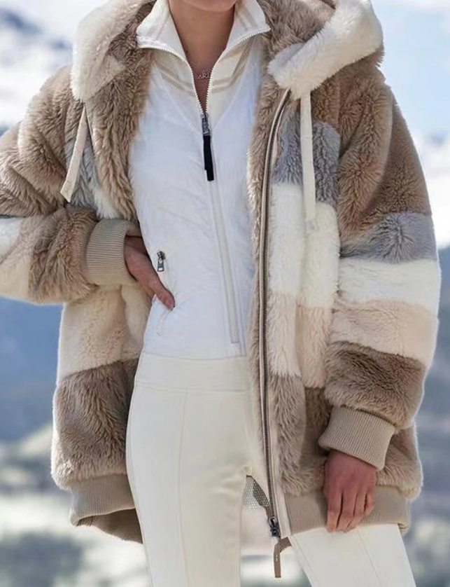 Warme Winter Plüsch Jacke Beige mit Kapuze 