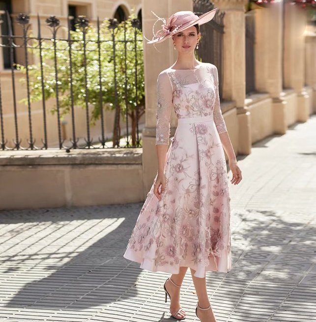  A Linie Kleid Cocktailkleid mit Dreiviertel Ärmel und Stickereien in Zartrosa