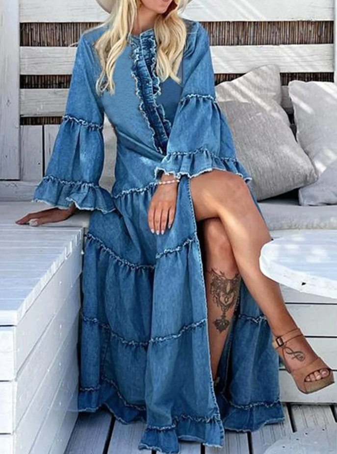 Langarm Boho Style Jeans Kleid Lang in Hellblau