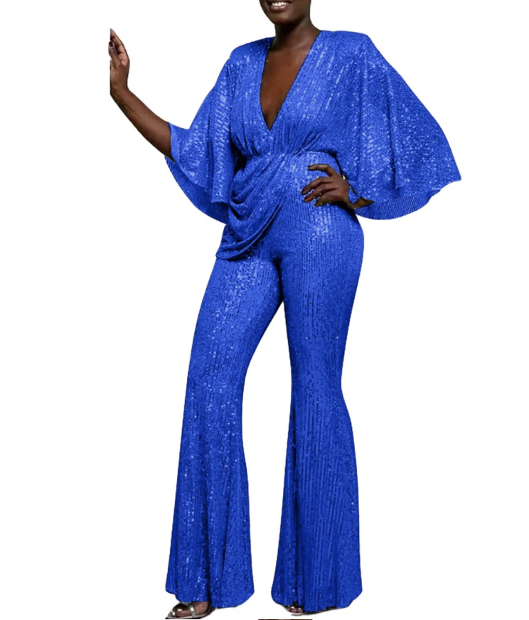 Sexy Glitzer Pailletten Jumpsuit Einteiler mit V Ausschnitt Blau