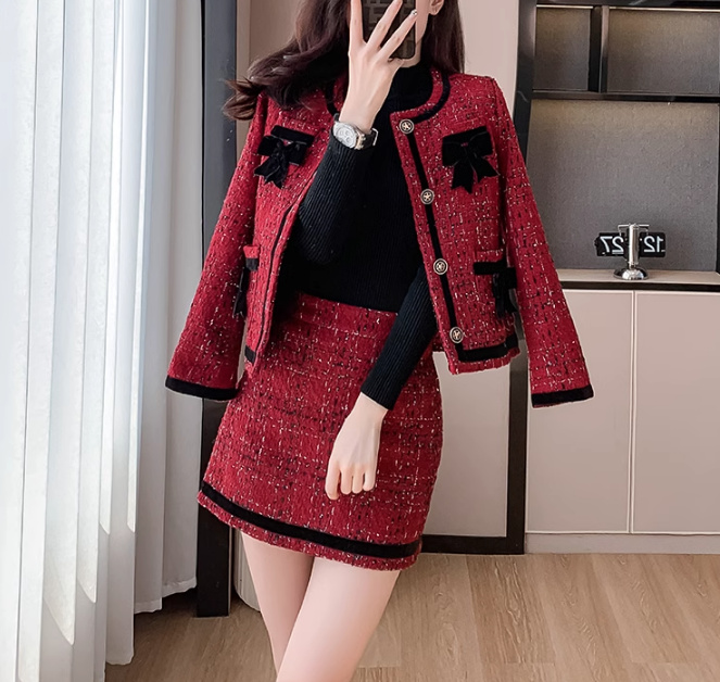 Mini tweed Damen Kostüm Britney Elegant in Rot Schwarz