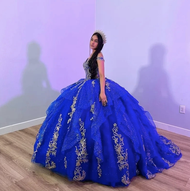 Quinceanera Ballkleid Britta Schulterfrei mit Schleppe und Spitze Navyblau