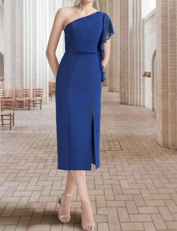  I Linie One Shoulder Kleid Elegant Wadenlang in Blau