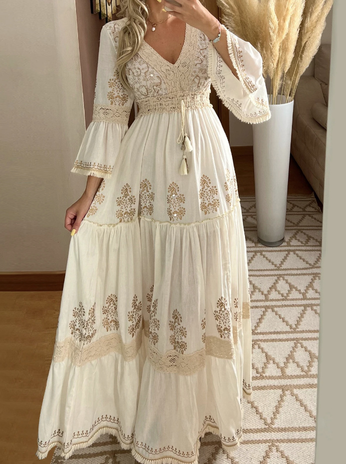 Langarm Boho Maxi Kleid in Beige Creme mit Blumen Muster