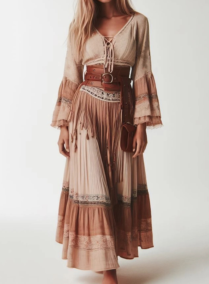 A Linie Langarm Maxi Boho Kleid Lang Khaki mit V Ausschnitt