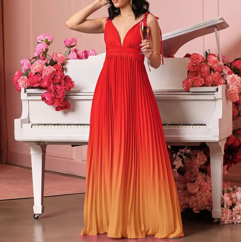 Empire Maxi Kleid Elegant Gradier in Rot Orange Lang