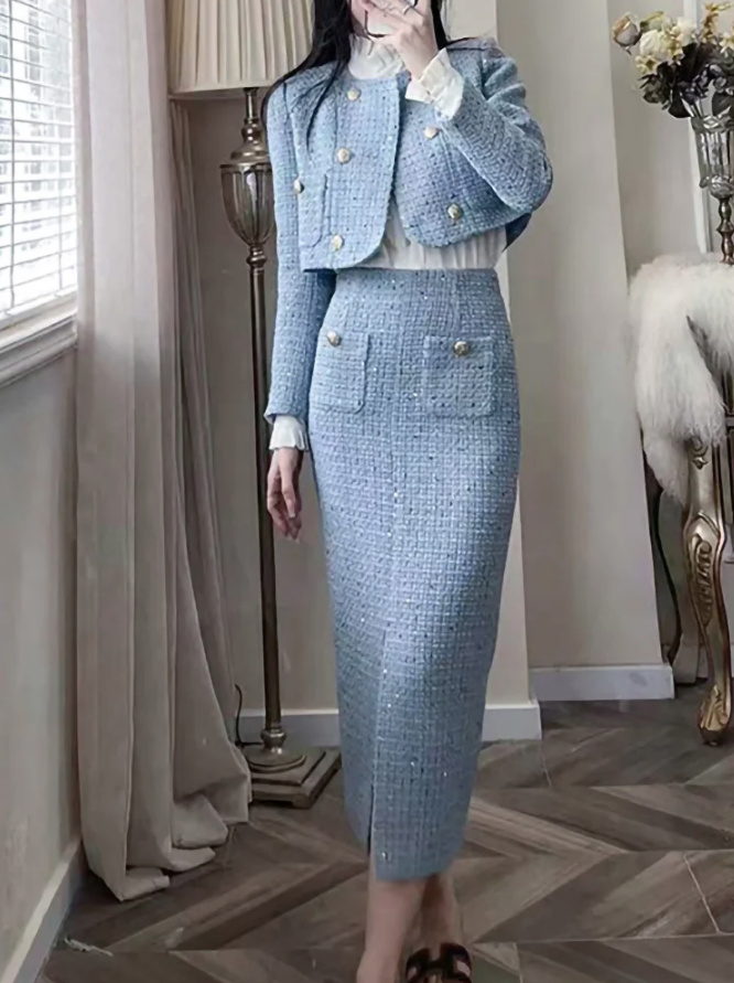 Bleistift Tweed Damen Kostüm Elegant in Hellblau Knöchellang