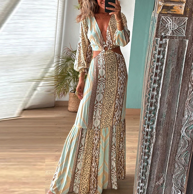 Langarm Boho Sommerkleid Barbie mit Cut Out Lang