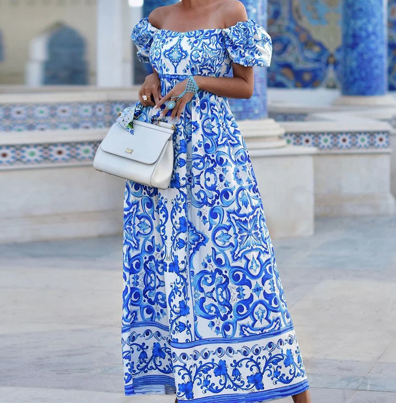 Schulterfreies Maxi Boho Sommerkleid lang in Blau Weiß