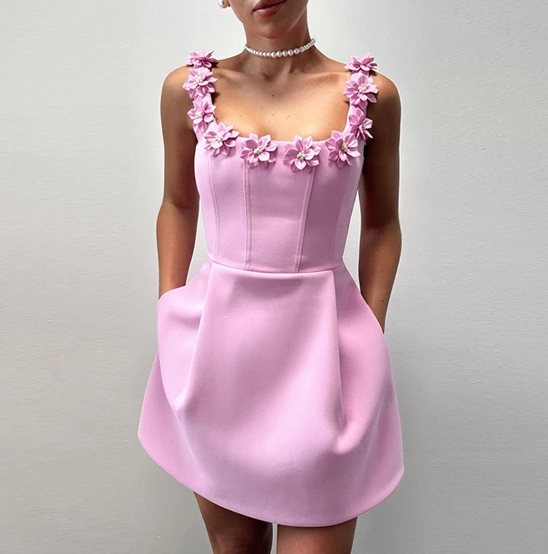 Kurzes A Linie Kleid Elegant in Rosa mit 3D Blumen