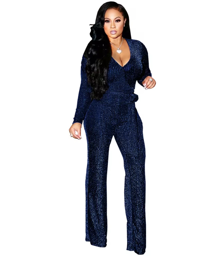 Langarm Glitzer Stretch Jumpsuit Einteiler Elegant in Dunkelblau