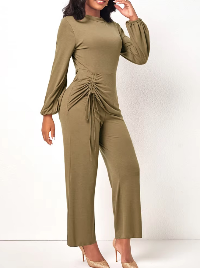 Eleganter Jumpsuit Einteiler Lang mit Laternen Ärmel in Khaki