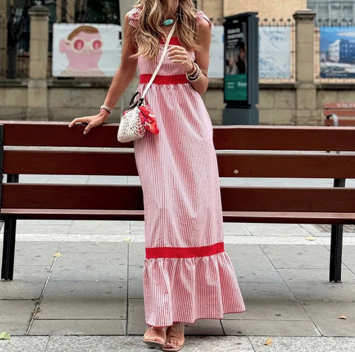 High Street Fashion Boho Sommerkleid in Rot Gestreift