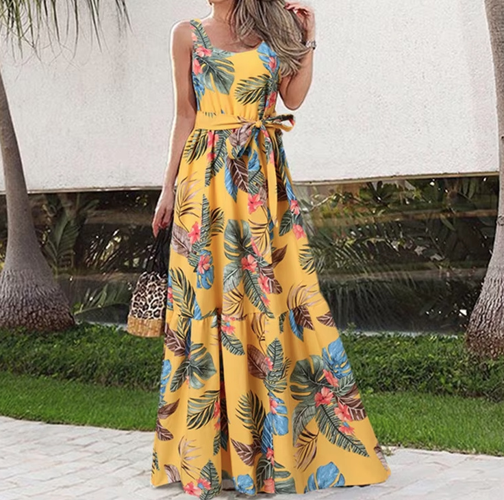 A Linie Print Maxi Sommerkleid Online Lang Gelb mit Blumenmuster