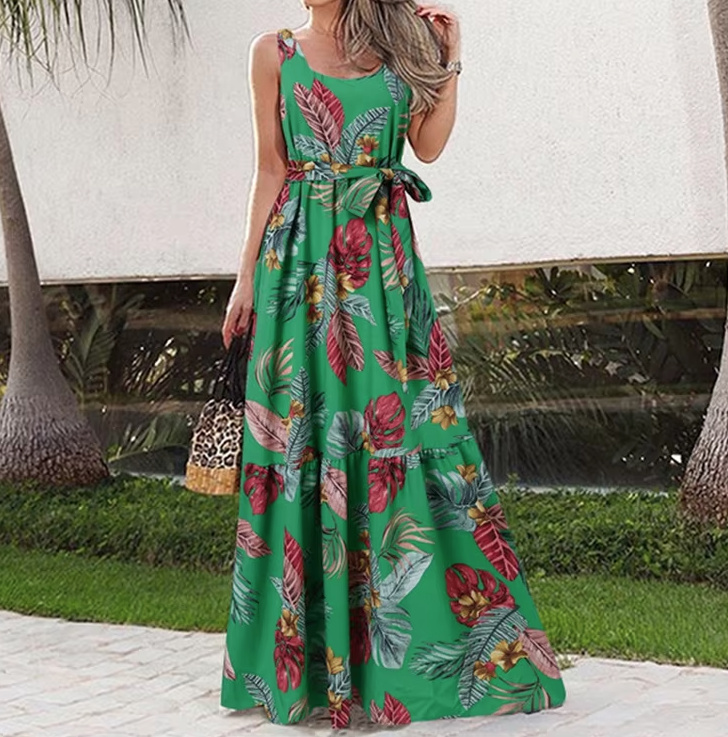 A Linie Print Maxi Sommerkleid Online Lang Grün mit Blumenmuster