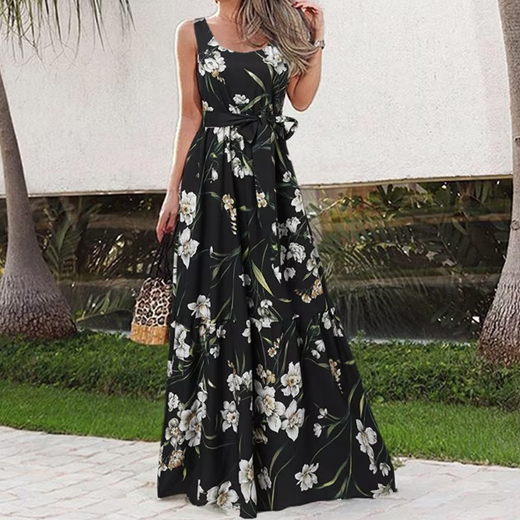 A Linie Print Maxi Sommerkleid Online Lang Schwarz mit Blumenmuster