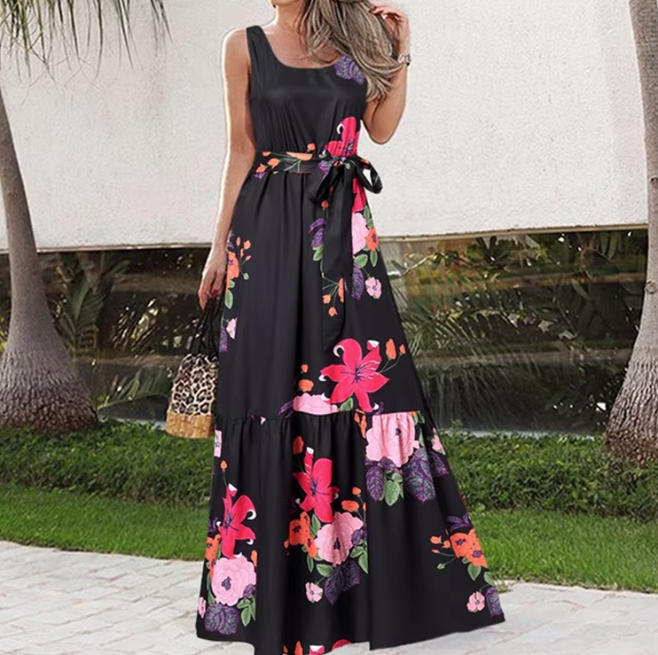 A Linie Print Maxi Sommerkleid Brenna Lang Schwarz mit Blumenmuster